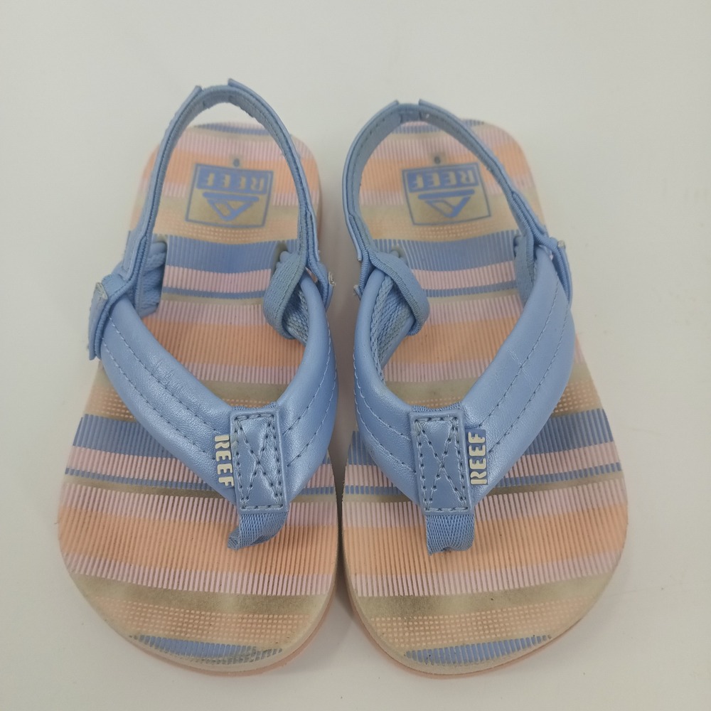 Reef Little Ahi Girls Blue Peach Striped Backstrap Sandals Flip Flops Size 9